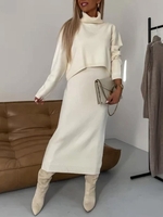 Casual Plain Spring/Fall Natural Heavyweight Daily Long Sleeve Turtleneck Cotton-Blend Two-Piece Sets for Women