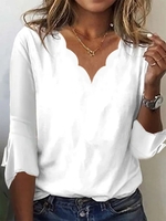 Casual Plain Spring/Fall V neck Ruffled Sleeves Lightweight Micro-Elasticity Loose NL T-shirts for Women