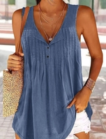 Casual Plain Summer Loose Oxford Crew Neck H-Line Regular NL Tank Tops for Women