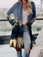 Casual Spring Landscape painting Polyester Natural Micro-Elasticity Loose Mid-long Regular Other Coat for Women