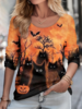 Casual Spring/Fall Cat Natural Daily Regular Fit Halloween Crew Neck Regular T-shirts for Women