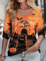 Casual Spring/Fall Cat Natural Daily Regular Fit Halloween Crew Neck Regular T-shirts for Women