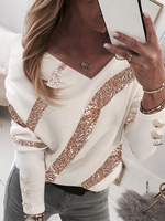 Casual Spring/Fall Color Block V neck Mid-weight Micro-Elasticity Jersey Loose Regular T-shirts for Women