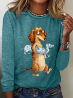 Casual Spring/Fall Dog Micro-Elasticity Daily Crew Neck Cotton-Blend Thanksgiving Day Regular Shirts for Women