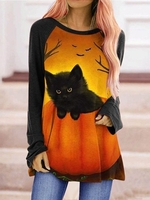 Casual Spring/Fall Halloween Micro-Elasticity Loose Long Sleeve Crew Neck Regular H-Line T-shirts for Women