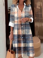 Casual Spring/Fall Plaid Natural Daily Long Sleeve H-Line Regular Shirt Dress Dresses for Women