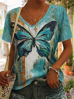 Casual Summer Butterfly Polyester V neck Lightweight Loose Short sleeve Regular T-shirts for Women