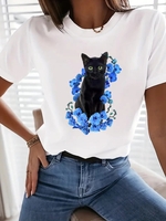 Casual Summer Cat Cotton Daily Short Sleeve Crew Neck Regular Medium Elasticity T-shirts for Women