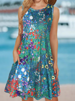 Casual Summer Floral Pattern Natural Daily Loose Sleeveless Crew Neck NL Dresses for Women
