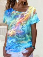 Casual Summer Gradient Pattern Knitted Micro-Elasticity Loose Short sleeve H-Line Regular T-shirts for Women