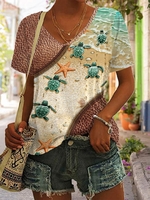 Casual Summer Marine Life V neck No Elasticity Daily Loose H-Line Regular T-shirts for Women