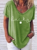 Casual Summer Text Letters V neck Micro-Elasticity Loose Short Sleeve H-Line Regular T-shirts for Women