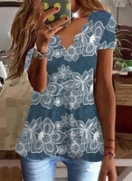 Casual V Neck Loose Floral Tops