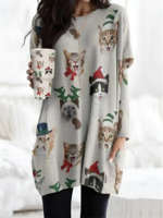 Casual Winter Cat Christmas Skirt Long sleeve Crew Neck O-Line Regular Dresses for Women