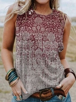 Cotton-Blend Crew Neck Sleeveless Floral Tank Tops & Camis - Anniecloth