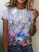 Cotton-Blend Floral Crew Neck T-Shirts & Tees