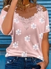 Cotton-Blend Loose V Neck Floral Tops