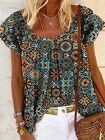 Crew Neck Vacation Ethnic T-Shirts & Tees