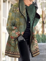 Floral Boho Winter Buttoned Micro-Elasticity Loose Long sleeve Woolen Mid-long Overcoat for Women