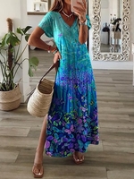 Floral Jersey Casual V Neck Maxi Dresses