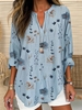 Floral Spring/Fall Linen Polyester Breathable Daily Long Sleeve H-Line Regular Blouses for Women