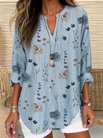 Floral Spring/Fall Linen Polyester Breathable Daily Long Sleeve H-Line Regular Blouses for Women
