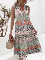 Floral Summer Elegant Ruched Natural Loose Jersey Maxi A-Line Dresses for Women