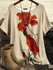 Floral Summer Linen Slit Standard Short sleeve Loose Crew Neck Regular Tops for Women