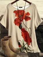 Floral Summer Linen Slit Standard Short sleeve Loose Crew Neck Regular Tops for Women