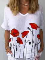 Floral Summer Linen V neck Lightweight Loose Short sleeve Bamboo T-Line Shirts for Women