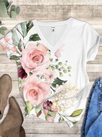 Floral Summer Vacation Jersey Short sleeve Regular H-Line Regular Vacation T-shirt for Women