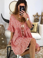 Floral V Neck Loose Cotton Mini & Short Dresses