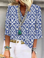 Geometric V Neck Polyester Fibre Loose Blouses