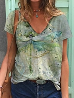 Loose Casual Dragonfly V Neck T-Shirts & Tees