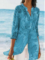 Loose Cotton-Blend Casual V Neck Blouses