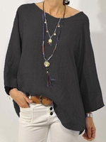 Loose Cotton Crew Neck Casual Blouses