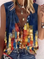 Loose Polyester Fibre Color Block V Neck Blouses