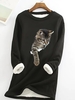 Spring/Fall Simple Cat Lightweight Daily Loose Long Sleeve Regular H-Line Sweatshirts for Women