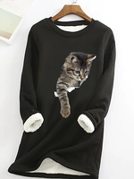 Spring/Fall Simple Cat Lightweight Daily Loose Long Sleeve Regular H-Line Sweatshirts for Women