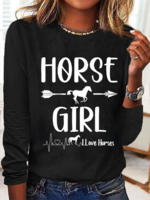 Spring/Fall Simple Horse Lightweight Micro-Elasticity Daily Regular Fit Crew Neck Cotton-Blend Shirts for Women