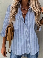 Striped Casual Spring/Fall Polyester Daily Loose Long Sleeve Regular Shirt Collar Blouses for Women