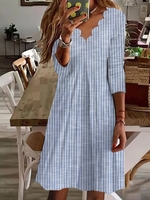 Striped Casual Spring/Fall V neck Daily Jersey Midi Long Sleeve Regular Dresses for Women