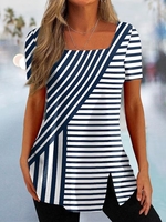 Striped Casual Summer Square neck No Elasticity Loose Jersey Regular NL T-shirts for Women