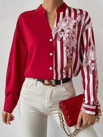 Striped Spring/Fall Simple No Elasticity Loose Notched Regular H-Line Regular Blouses for Women