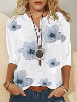 V Neck Floral Casual Loose Half Sleeve Blouses