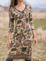 V Neck Floral Casual Midi Dresses
