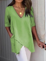 V Neck Half Sleeve Asymmetrical Pockets Blouses & T-Shirts