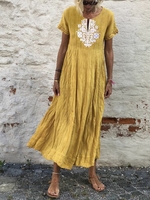 V Neck Loose Vintage Cotton Maxi Dresses