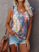 Vacation Jersey Geometric Round Neck Tank Tops & Camis