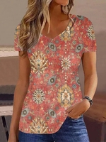 Vintage Ethnic Summer Polyester V neck Lightweight Short sleeve X-Line Medium Elasticity Shirts for Women